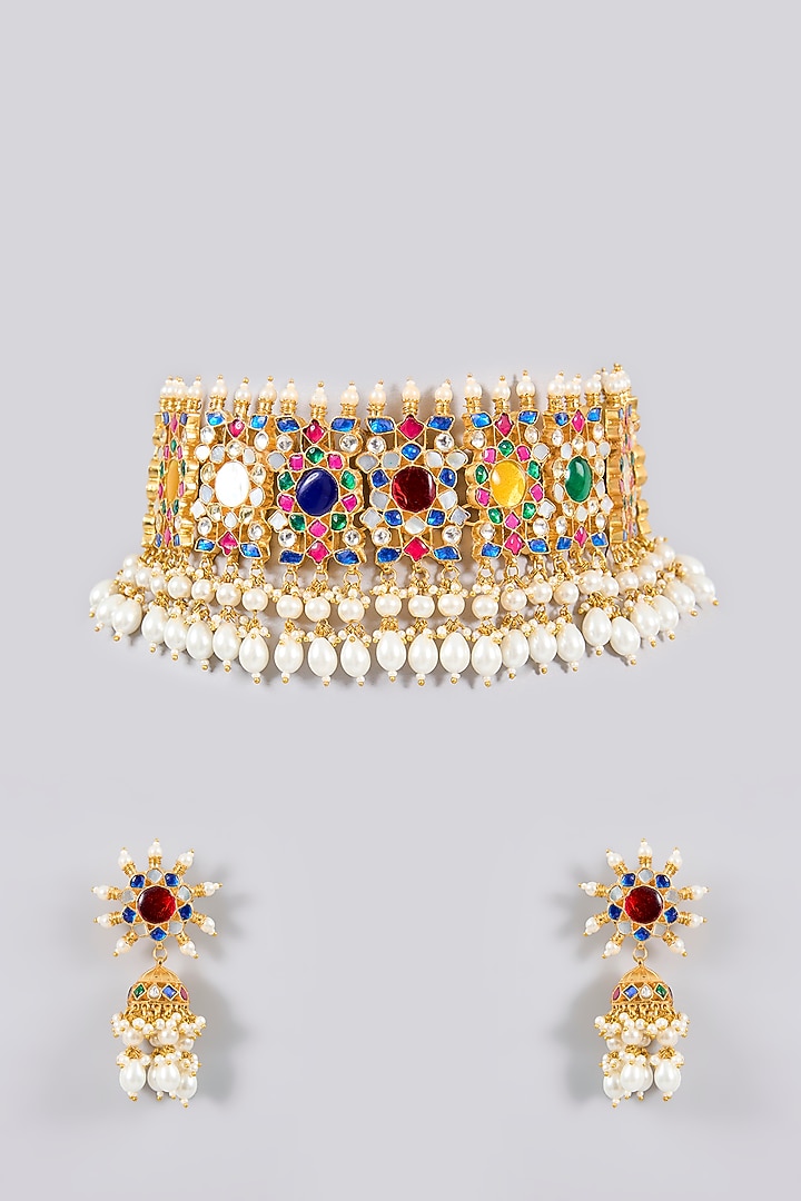 Gold Finish Kundan Polki & Navratna Stone Choker Necklace Set by Adityam Jewels at Pernia's Pop Up Shop