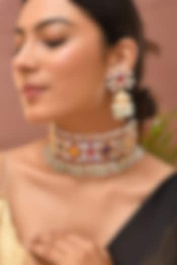 Gold Finish Kundan Polki & Navratna Stone Choker Necklace Set by Adityam Jewels at Pernia's Pop Up Shop