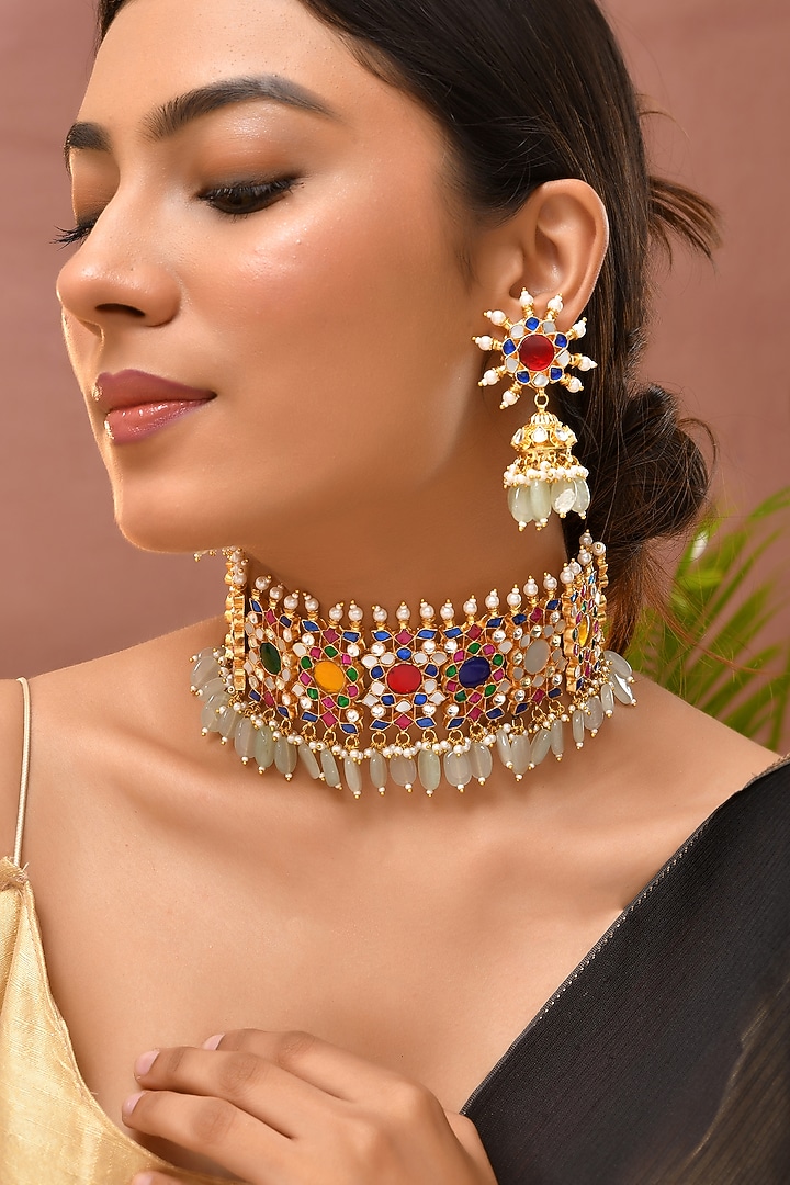 Gold Finish Kundan Polki & Navratna Stone Choker Necklace Set by Adityam Jewels at Pernia's Pop Up Shop