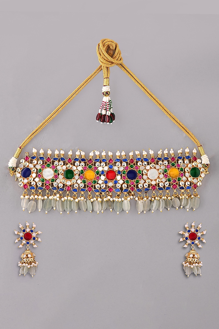 Gold Finish Kundan Polki & Navratna Stone Choker Necklace Set by Adityam Jewels at Pernia's Pop Up Shop