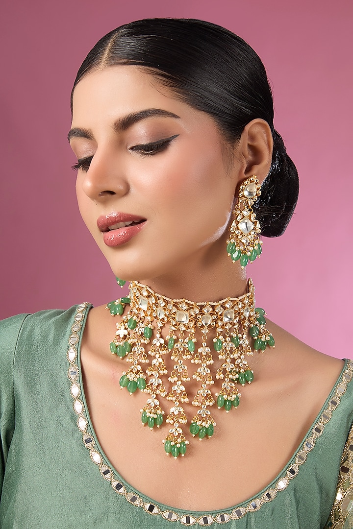 Gold Finish Kundan Polki & Green Stone Choker Necklace Set by Adityam Jewels at Pernia's Pop Up Shop