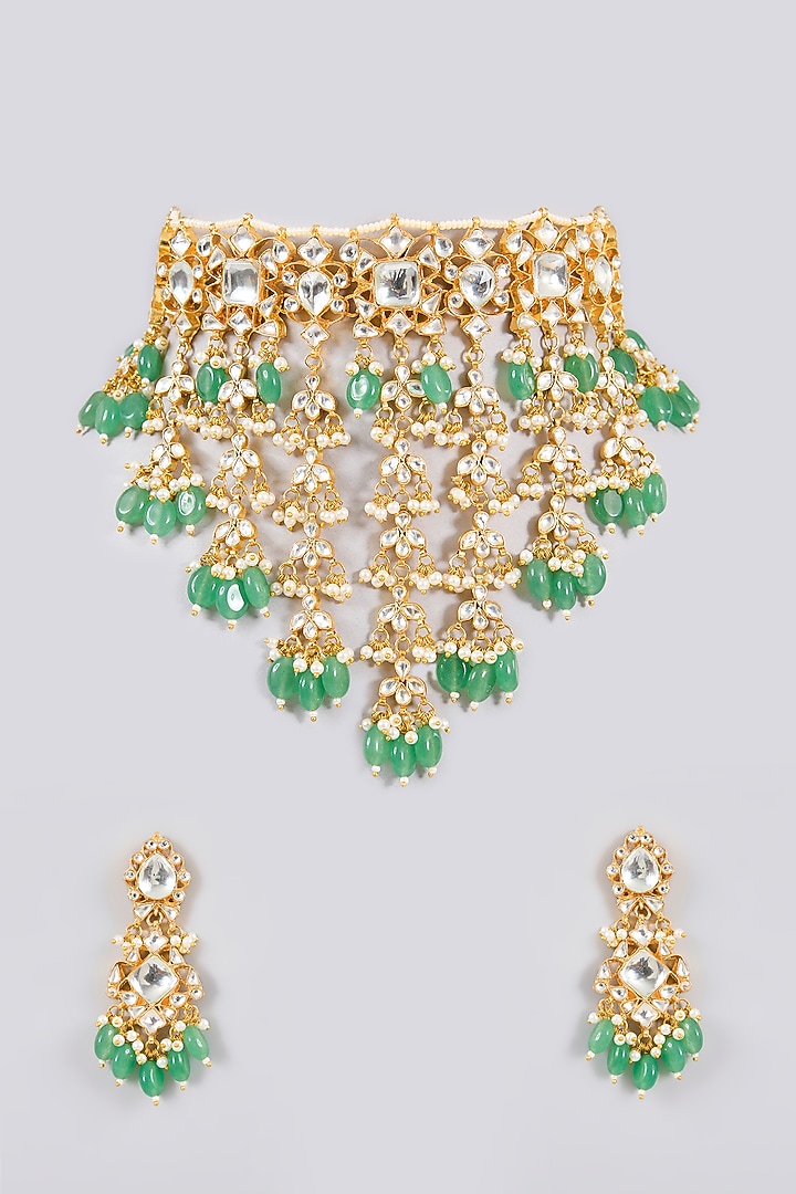 Gold Finish Kundan Polki & Green Stone Choker Necklace Set by Adityam Jewels at Pernia's Pop Up Shop