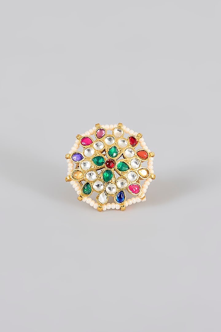 Gold Finish Kundan Polki & Navratna Stone Ring by Adityam Jewels at Pernia's Pop Up Shop