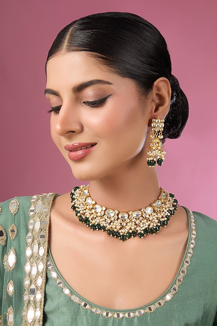 Gold Finish Kundan Polki & Green Stone Choker Necklace Set by Adityam Jewels at Pernia's Pop Up Shop