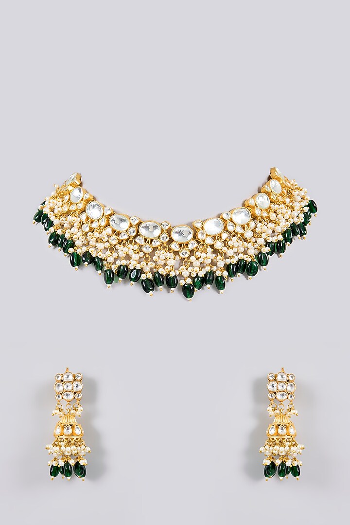 Gold Finish Kundan Polki & Green Stone Choker Necklace Set by Adityam Jewels at Pernia's Pop Up Shop