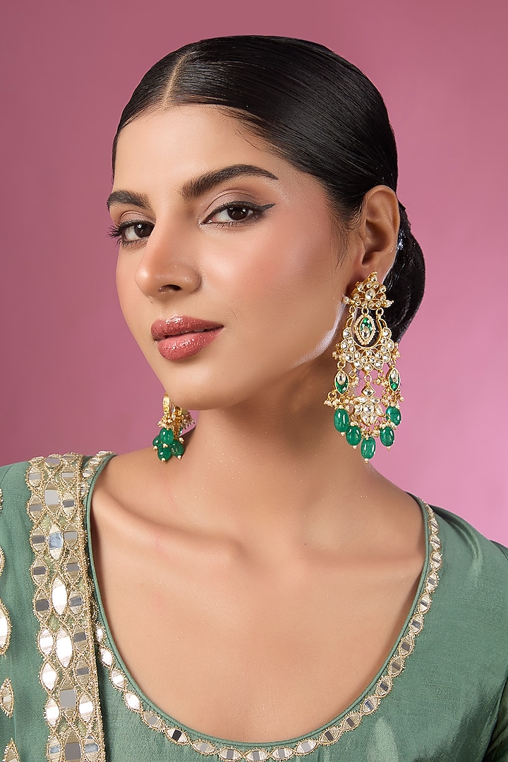 Gold Finish Kundan Polki & Green Stone Chandbali Earrings by Adityam Jewels at Pernia's Pop Up Shop