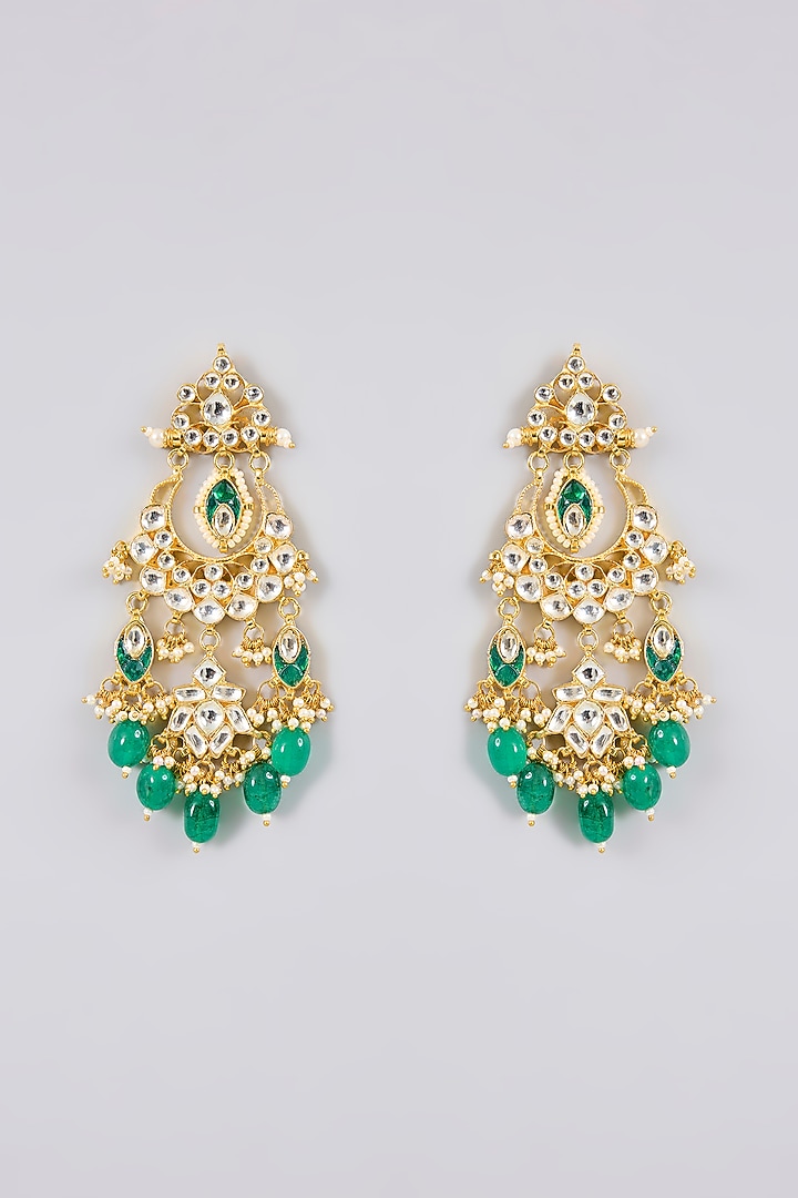 Gold Finish Kundan Polki & Green Stone Chandbali Earrings by Adityam Jewels at Pernia's Pop Up Shop