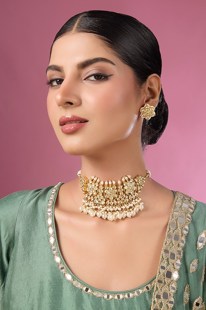 Gold Finish Kundan Polki Choker Necklace Set by Adityam Jewels at Pernia's Pop Up Shop