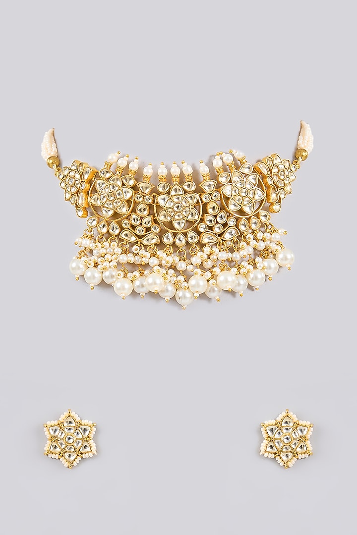Gold Finish Kundan Polki Choker Necklace Set by Adityam Jewels at Pernia's Pop Up Shop