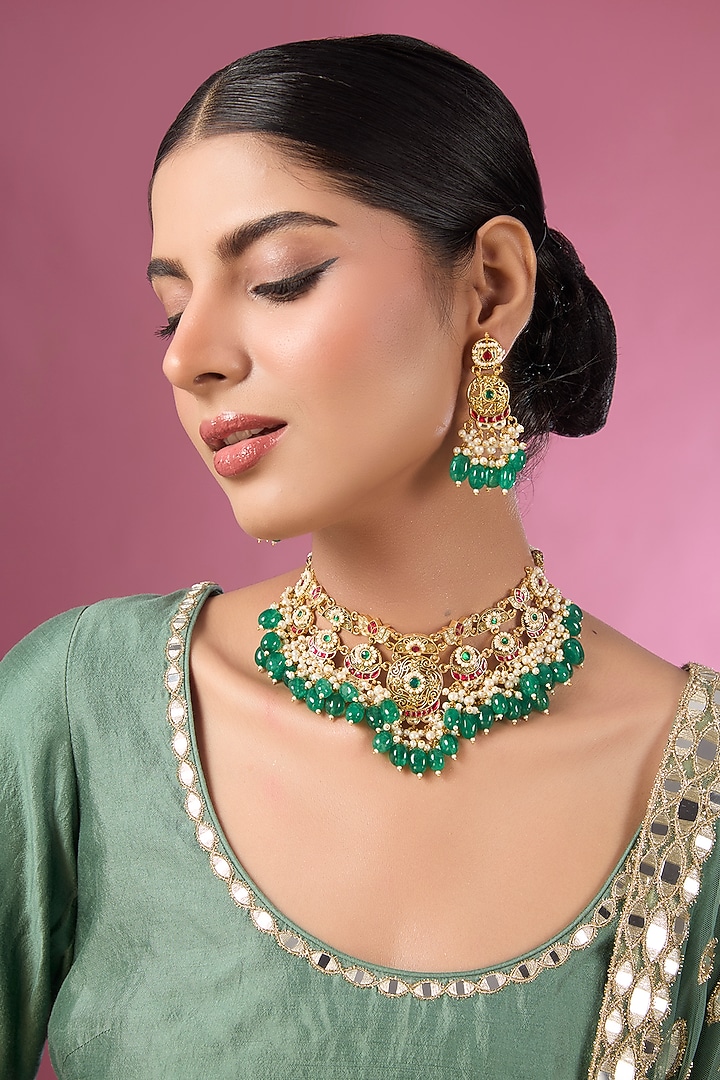 Gold Finish Kundan Polki & Green Stone Choker Necklace Set by Adityam Jewels at Pernia's Pop Up Shop