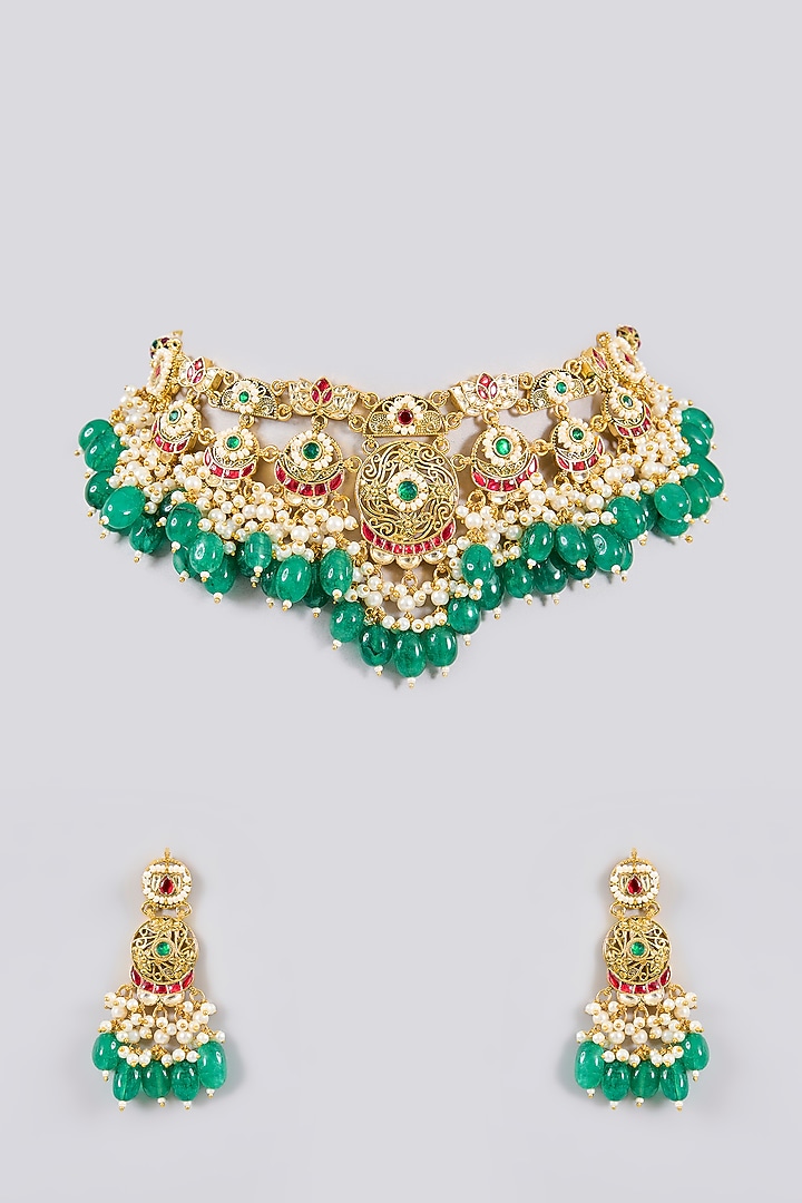 Gold Finish Kundan Polki & Green Stone Choker Necklace Set by Adityam Jewels at Pernia's Pop Up Shop