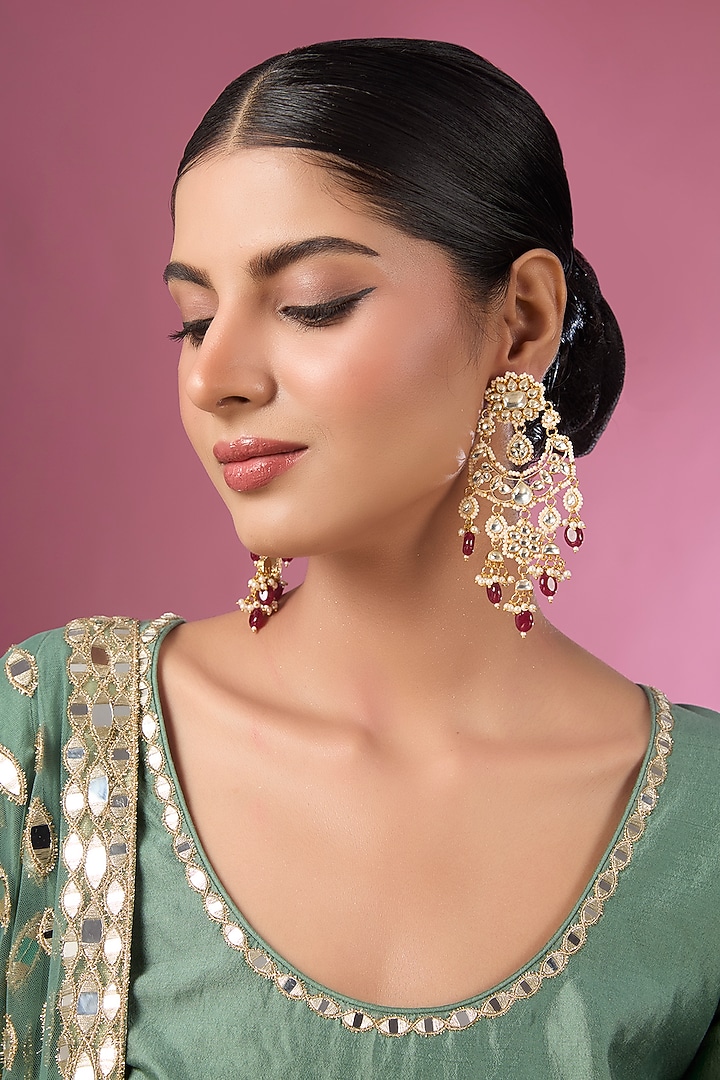 Gold Finish Kundan Polki & Red Stone Chandbali Earrings by Adityam Jewels at Pernia's Pop Up Shop
