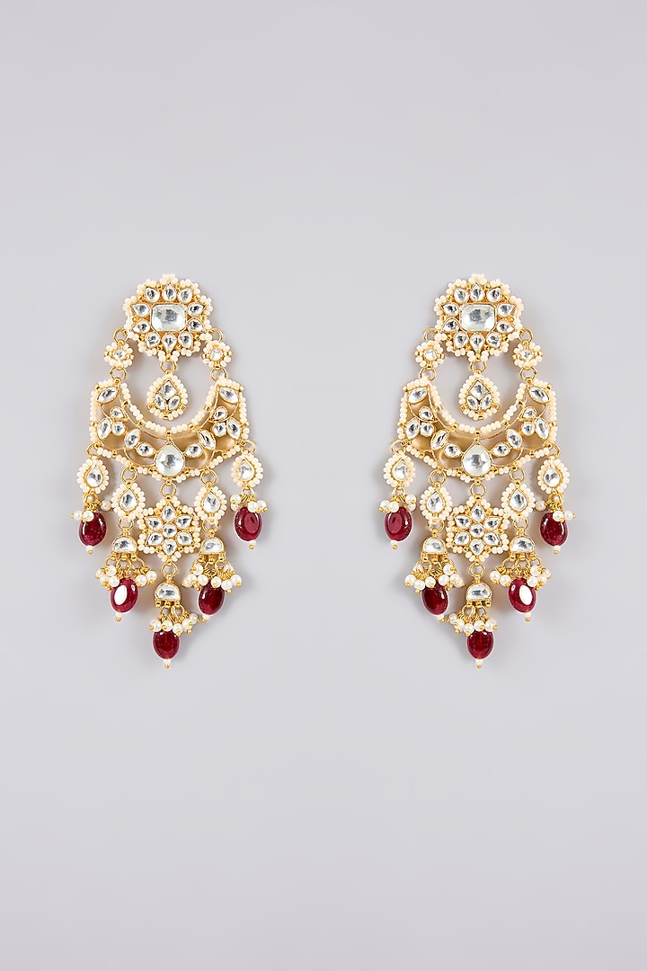 Gold Finish Kundan Polki & Red Stone Chandbali Earrings by Adityam Jewels at Pernia's Pop Up Shop