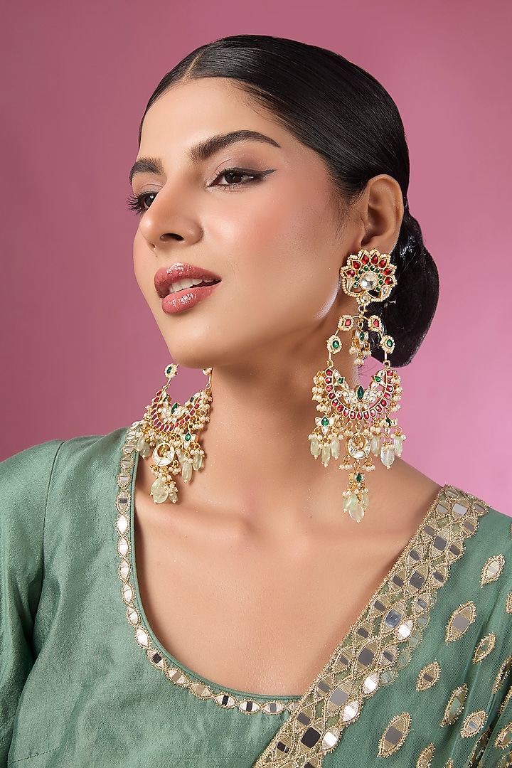Gold Finish Kundan Polki & Multi-Colored Stone Chandbali Earrings by Adityam Jewels at Pernia's Pop Up Shop