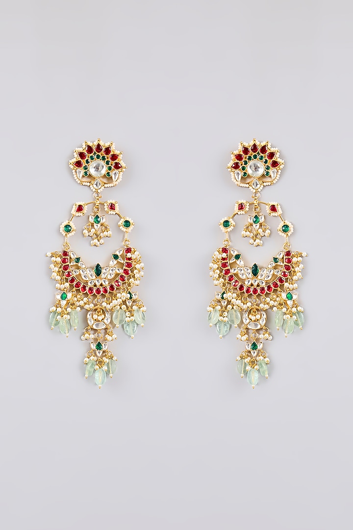 Gold Finish Kundan Polki & Multi-Colored Stone Chandbali Earrings by Adityam Jewels at Pernia's Pop Up Shop