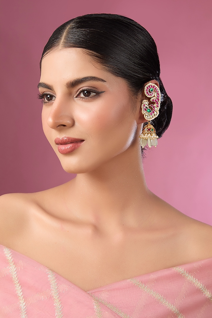 Gold Finish Kundan Polki & Multi-Colored Stone Kaanphool Earrings by Adityam Jewels at Pernia's Pop Up Shop