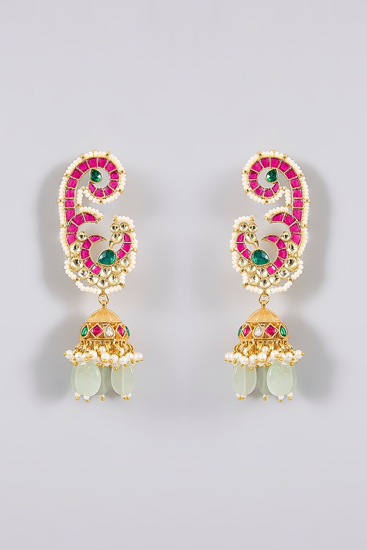 Gold Finish Kundan Polki & Multi-Colored Stone Kaanphool Earrings by Adityam Jewels at Pernia's Pop Up Shop