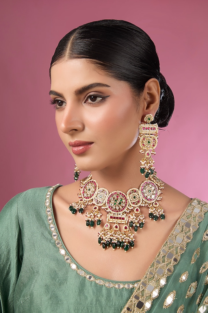Gold Finish Kundan Polki & Multi-Colored Stone Choker Necklace Set by Adityam Jewels at Pernia's Pop Up Shop