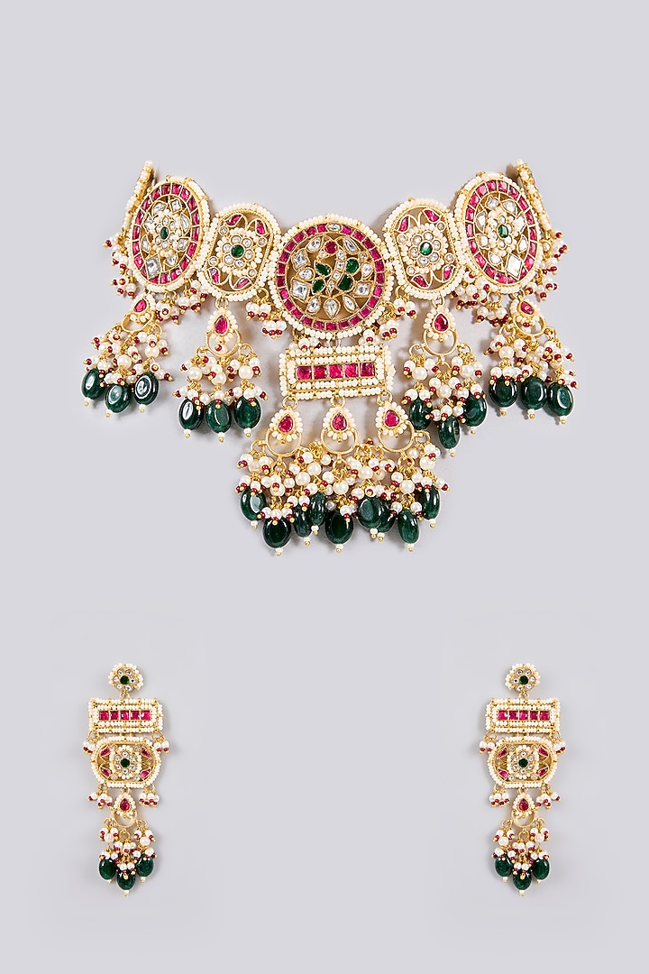 Gold Finish Kundan Polki & Multi-Colored Stone Choker Necklace Set by Adityam Jewels at Pernia's Pop Up Shop