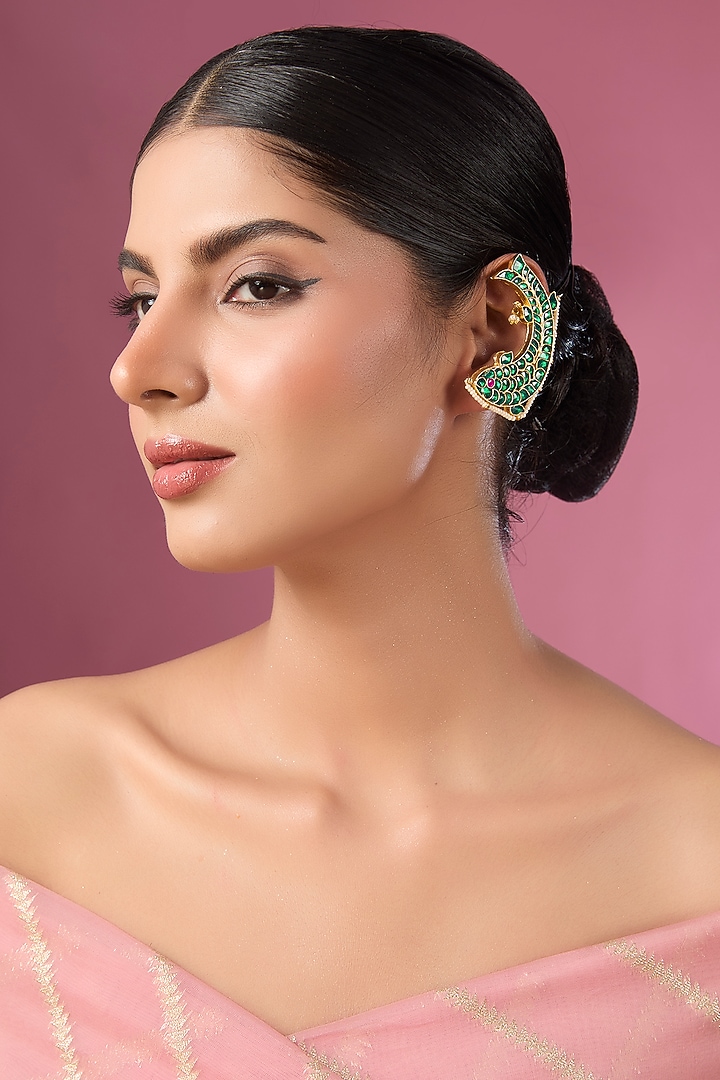 Gold Finish Kundan Polki & Green Stone Kaanphool Earrings by Adityam Jewels at Pernia's Pop Up Shop