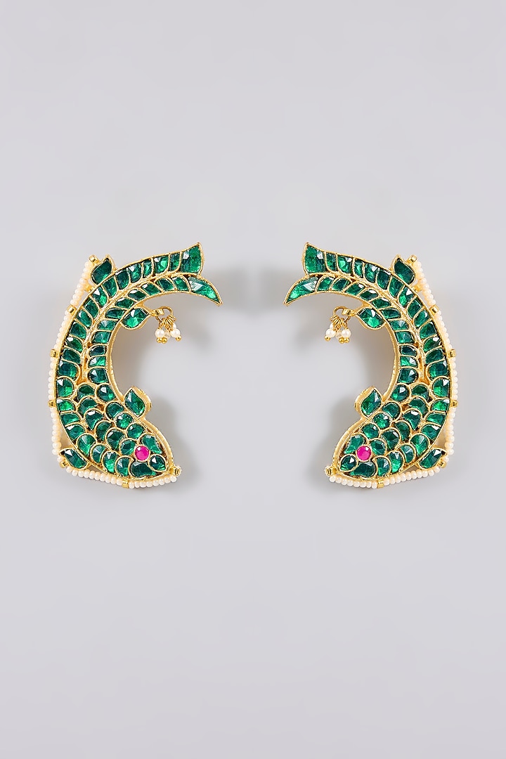 Gold Finish Kundan Polki & Green Stone Kaanphool Earrings by Adityam Jewels at Pernia's Pop Up Shop