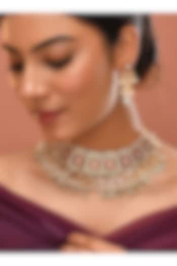 Gold Finish Multi-Colored Kundan Polki Necklace Set by Adityam Jewels at Pernia's Pop Up Shop