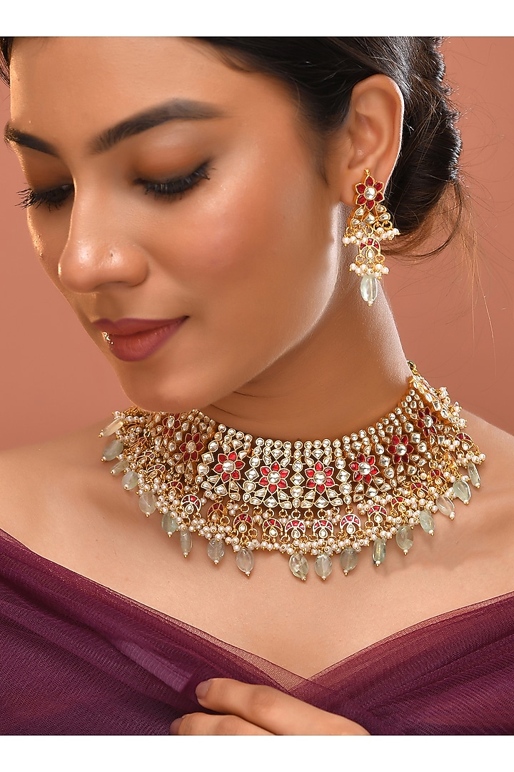 Gold Finish Multi-Colored Kundan Polki Necklace Set by Adityam Jewels at Pernia's Pop Up Shop