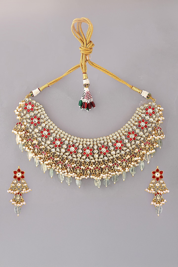 Gold Finish Multi-Colored Kundan Polki Necklace Set by Adityam Jewels at Pernia's Pop Up Shop
