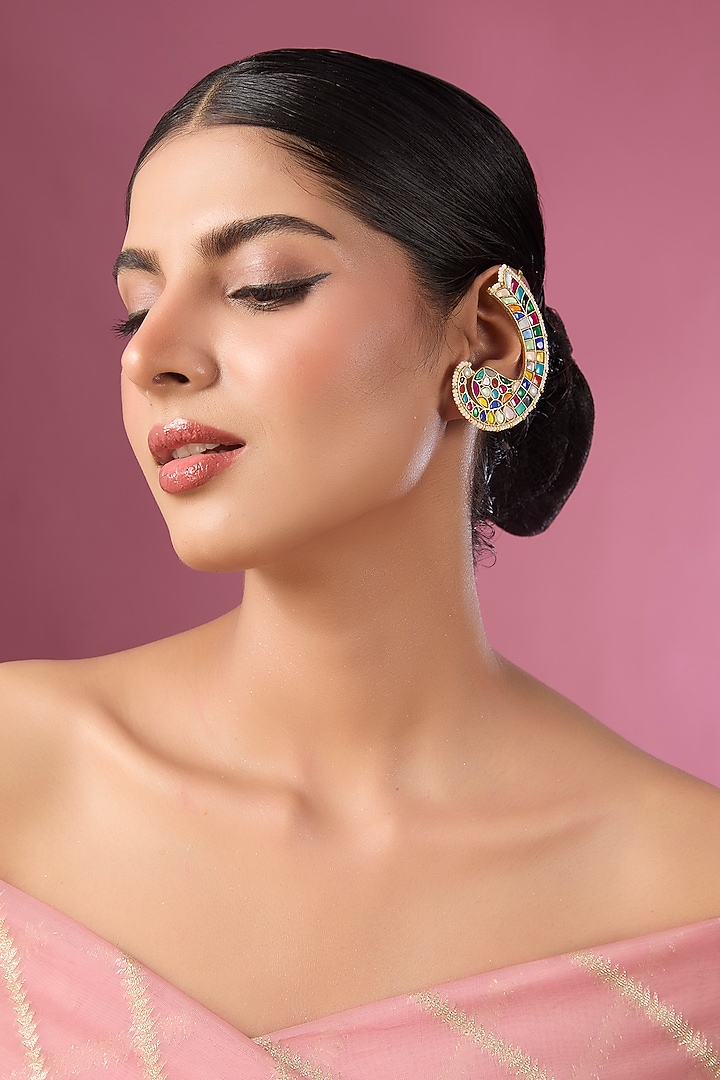Gold Finish Kundan Polki & Multi-Colored Stone Kaanphool Earrings by Adityam Jewels at Pernia's Pop Up Shop