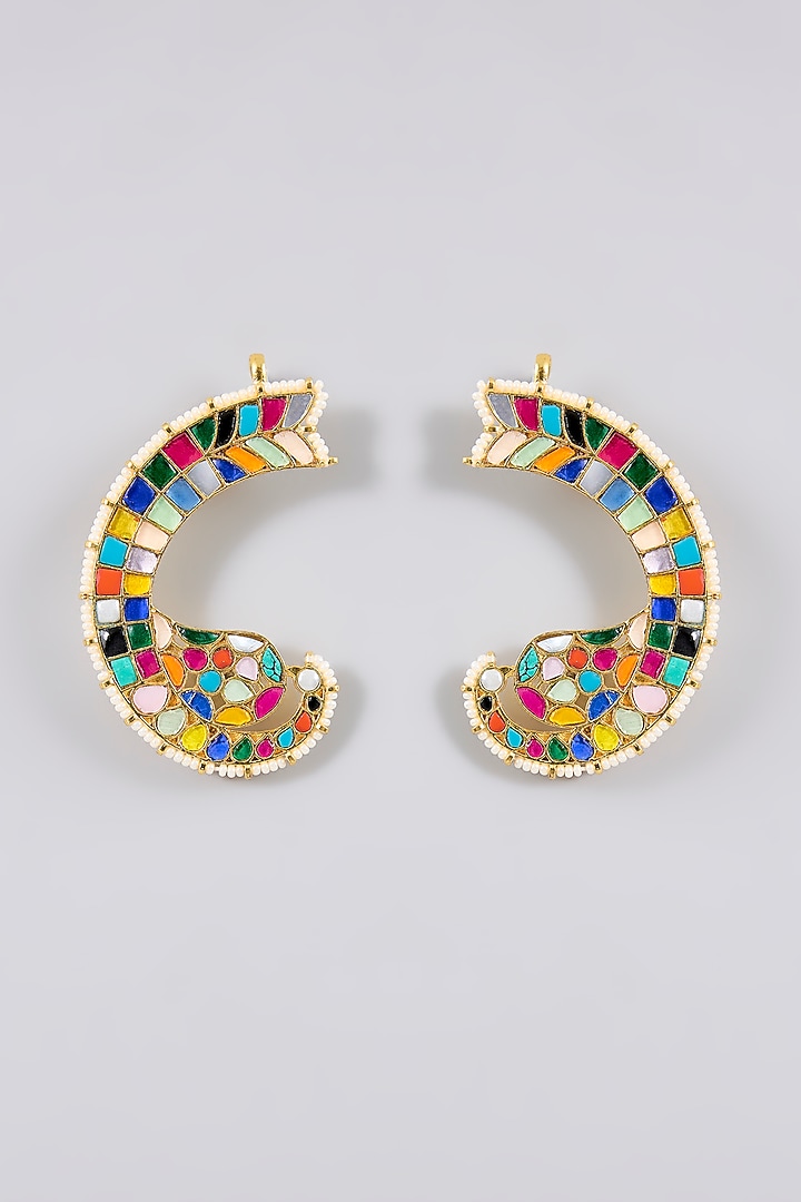 Gold Finish Kundan Polki & Multi-Colored Stone Kaanphool Earrings by Adityam Jewels at Pernia's Pop Up Shop