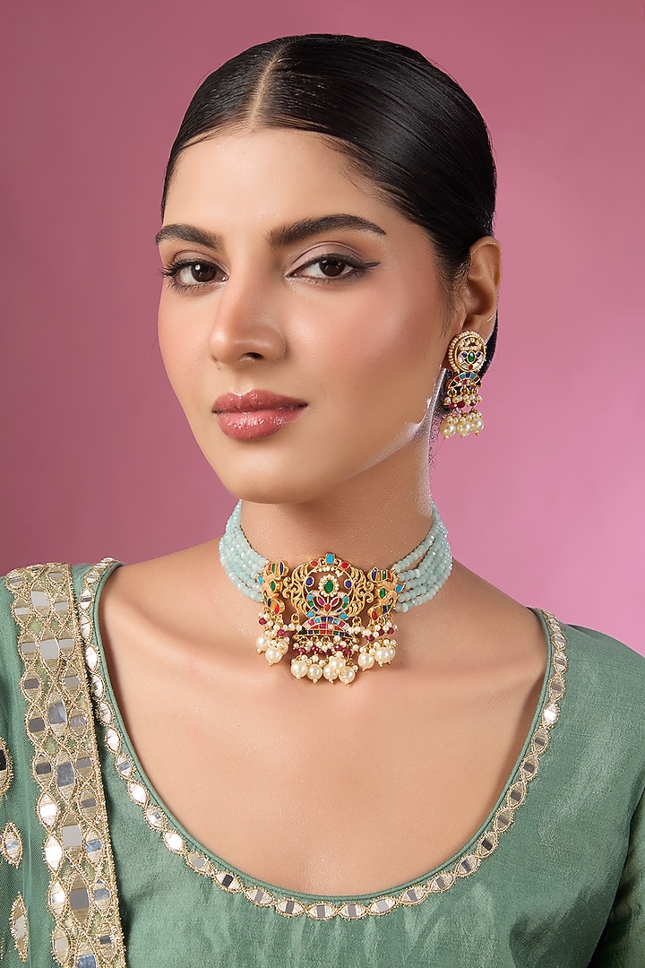 Gold Finish Kundan Polki Choker Necklace Set by Adityam Jewels at Pernia's Pop Up Shop