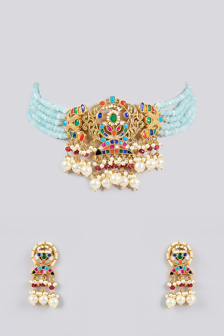 Gold Finish Kundan Polki Choker Necklace Set by Adityam Jewels at Pernia's Pop Up Shop