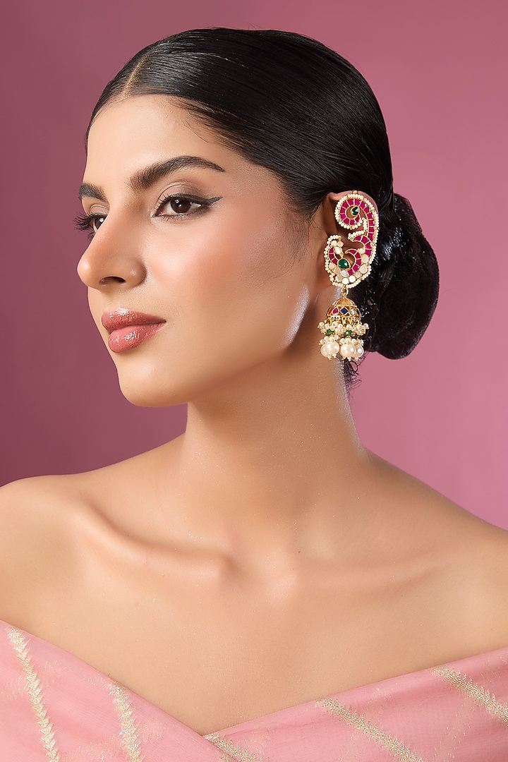 Gold Finish Kundan Polki & Multi-Colored Stone Kaanphool Earrings by Adityam Jewels at Pernia's Pop Up Shop
