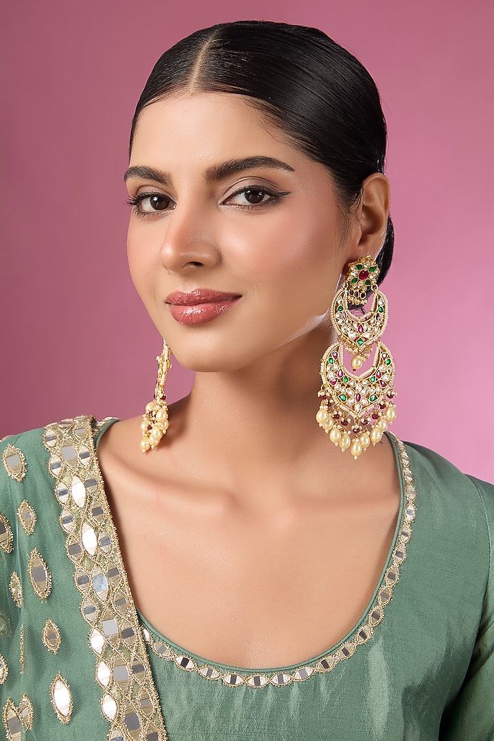 Gold Finish Kundan Polki & Multi-Colored Stone Chandbali Earrings by Adityam Jewels at Pernia's Pop Up Shop