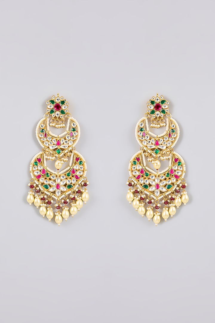 Gold Finish Kundan Polki & Multi-Colored Stone Chandbali Earrings by Adityam Jewels at Pernia's Pop Up Shop