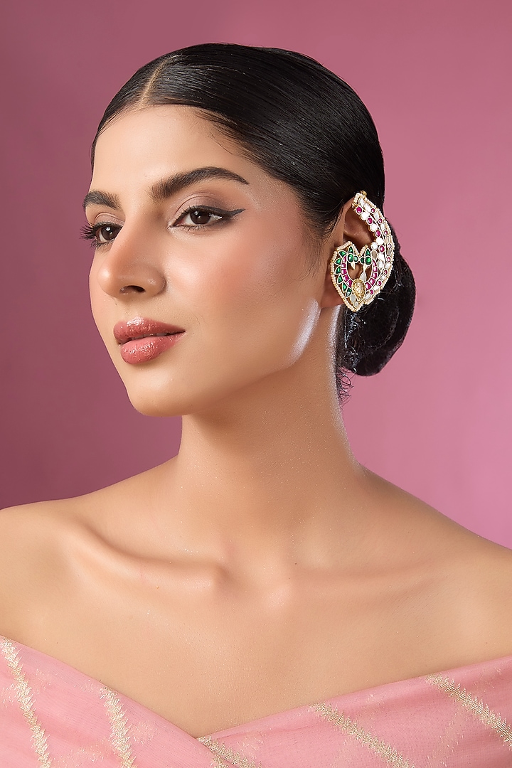 Gold Finish Kundan Polki & Multi-Colored Stone Kaanphool Earrings by Adityam Jewels at Pernia's Pop Up Shop