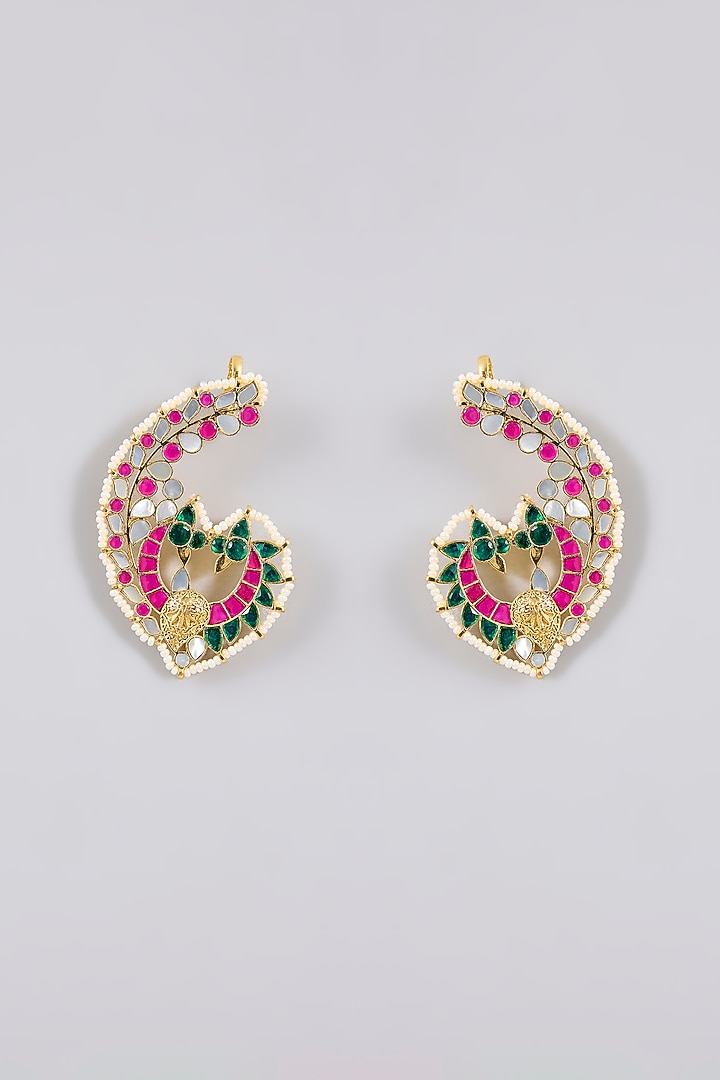 Gold Finish Kundan Polki & Multi-Colored Stone Kaanphool Earrings by Adityam Jewels at Pernia's Pop Up Shop