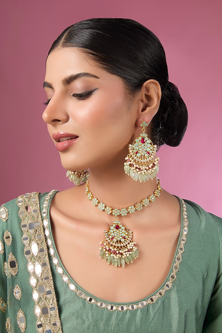 Gold Finish Kundan Polki & Turquoise Stone Long Necklace Set by Adityam Jewels at Pernia's Pop Up Shop
