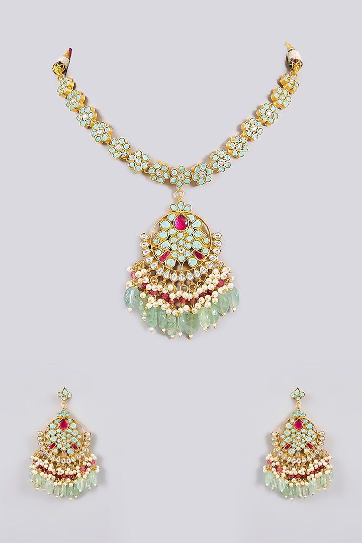 Gold Finish Kundan Polki & Turquoise Stone Long Necklace Set by Adityam Jewels at Pernia's Pop Up Shop