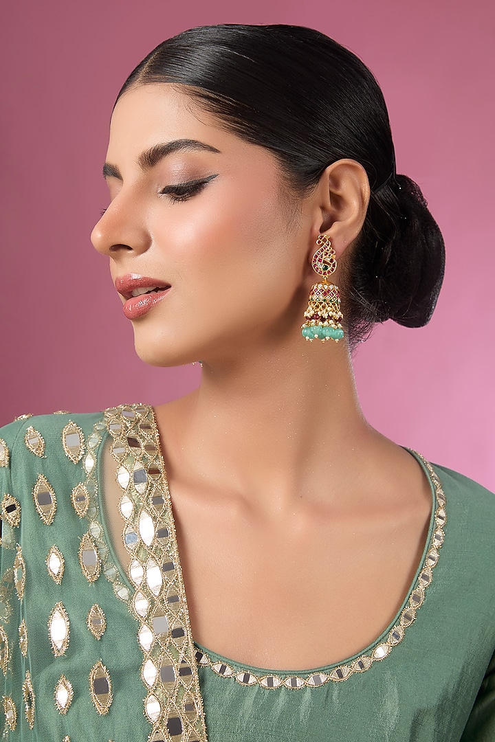 Gold Finish Kundan Polki & Red Stone Jhumka Earrings by Adityam Jewels at Pernia's Pop Up Shop