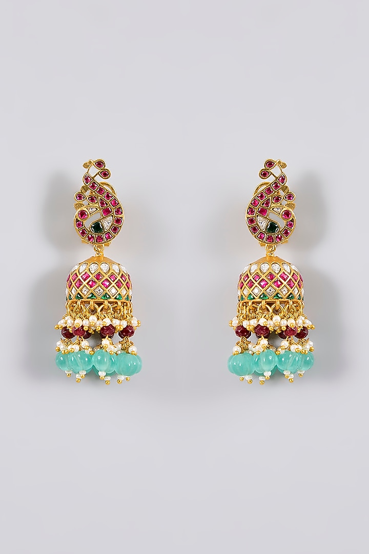 Gold Finish Kundan Polki & Red Stone Jhumka Earrings by Adityam Jewels at Pernia's Pop Up Shop