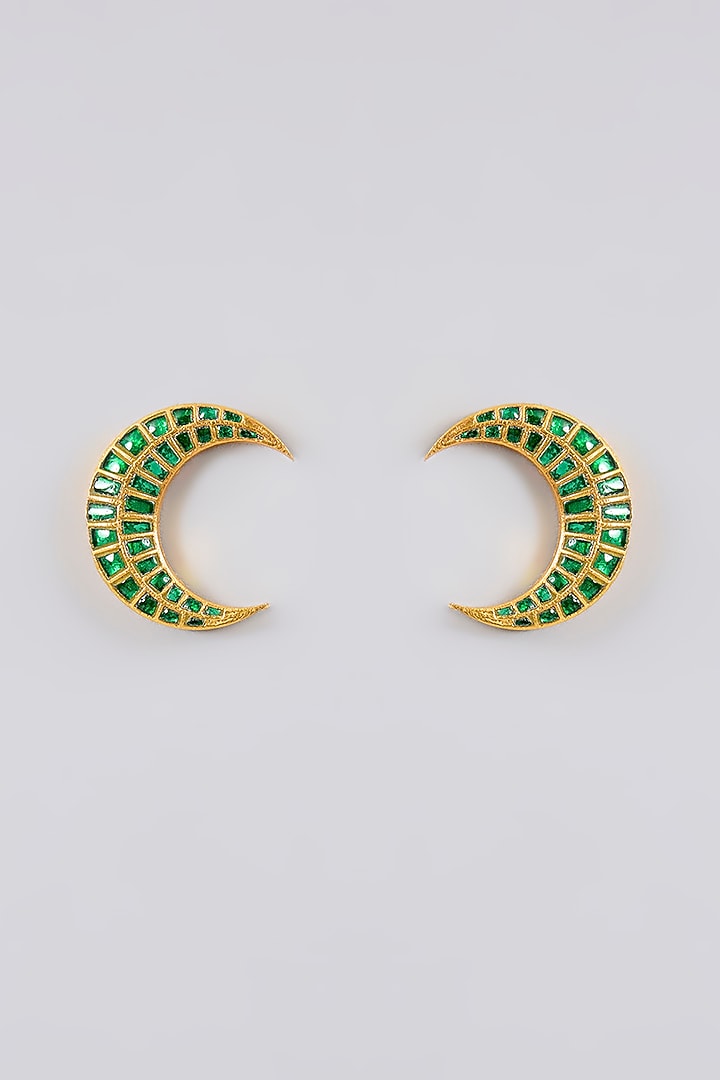 Gold Finish Kundan Polki & Green Stone Moon Stud Earrings by Adityam Jewels at Pernia's Pop Up Shop
