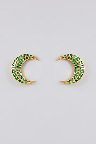 Gold Finish Kundan Polki & Green Stone Moon Stud Earrings by Adityam Jewels