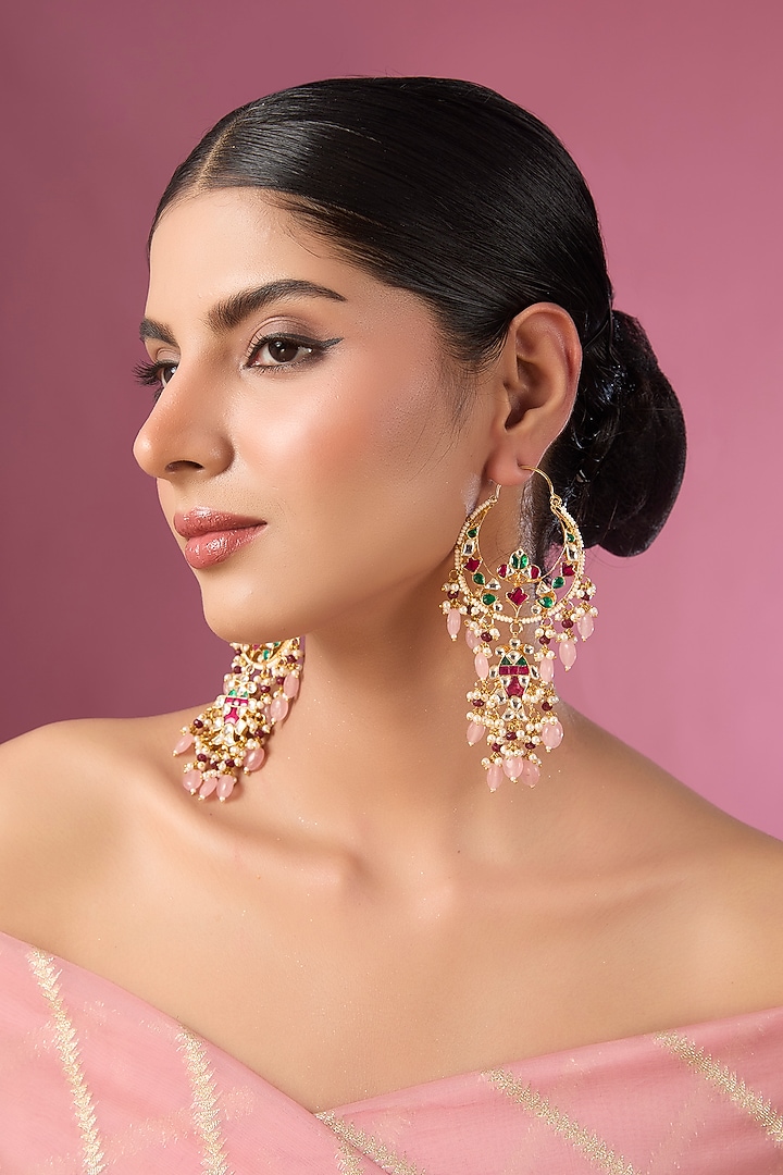 Gold Finish Kundan Polki & Multi-Colored Stone Chandbali Earrings by Adityam Jewels at Pernia's Pop Up Shop