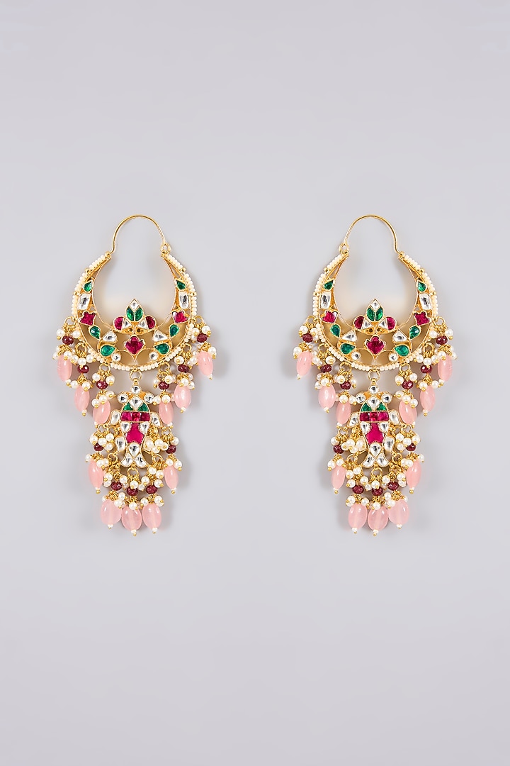 Gold Finish Kundan Polki & Multi-Colored Stone Chandbali Earrings by Adityam Jewels at Pernia's Pop Up Shop
