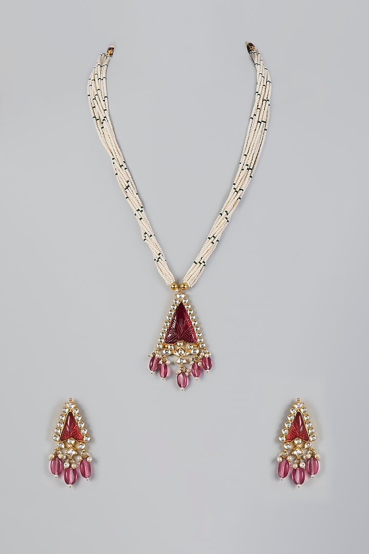 Gold Finish Kundan Polki Long Necklace Set by Adityam Jewels at Pernia's Pop Up Shop
