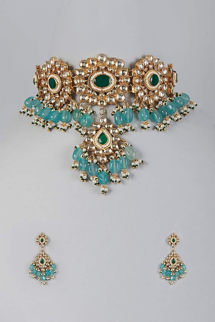 Gold Finish Beads & Kundan Polki Necklace Set by Adityam Jewels at Pernia's Pop Up Shop