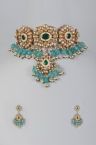 Gold Finish Beads & Kundan Polki Necklace Set by Adityam Jewels