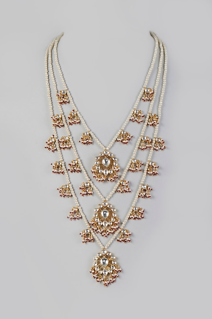 Gold Finish Kundan Polki 3-Line Raanihaar Necklace by Adityam Jewels at Pernia's Pop Up Shop