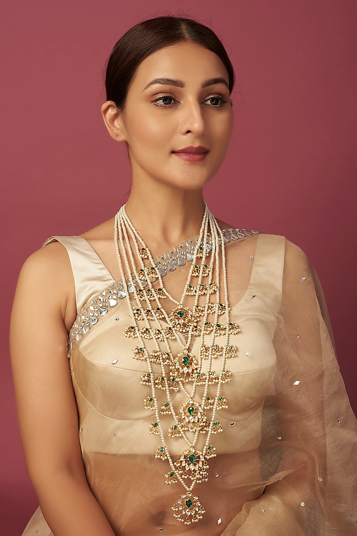 Gold Finish Kundan Polki 5-Line Raanihaar Necklace by Adityam Jewels at Pernia's Pop Up Shop